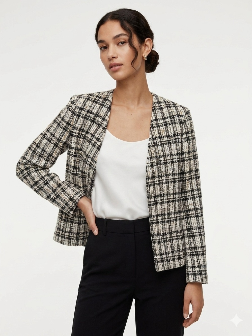 Babaton Black & Cream Plaid Open-Front Blazer